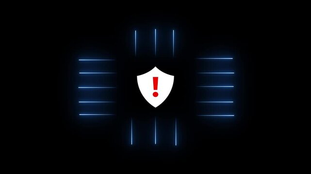 neon security warning alert with pulsing exclamation icon and expanding light lines.