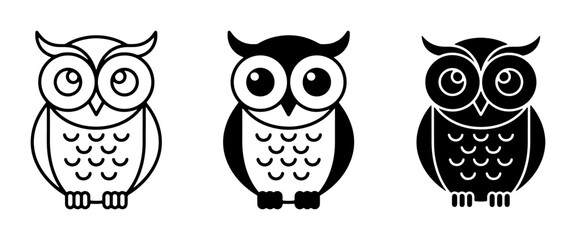 Fototapeta premium Cute Owl Icons Set, Black and White Vector Graphics, Woodland Creature Illustrations for Children's Designs