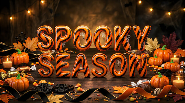 Spooky season candy letters with pumpkins and fall decorations.