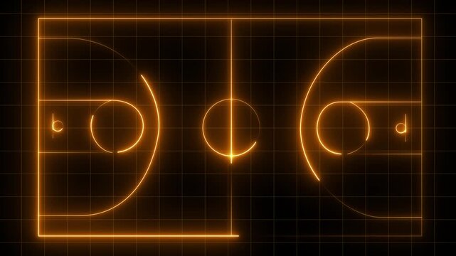 Neon basketball court diagram glowing white lines on black grid background digital animation abstract sports strategy planning game analysis technology concept.4k motion graphics video