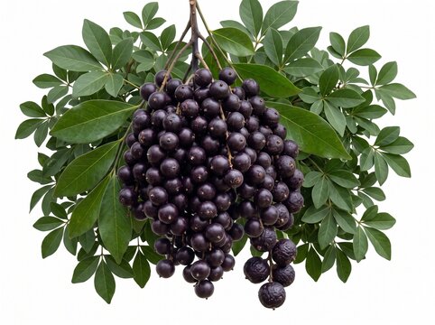Fresh ripe a ai berries hanging from a tree branch with lush green leaves