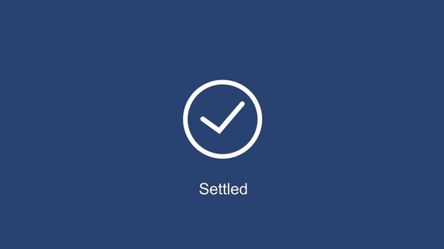 Minimalist animated checkmark with settled text overlay on a clean deep blue background, financial transactions, digital payment confirmation, and user interface