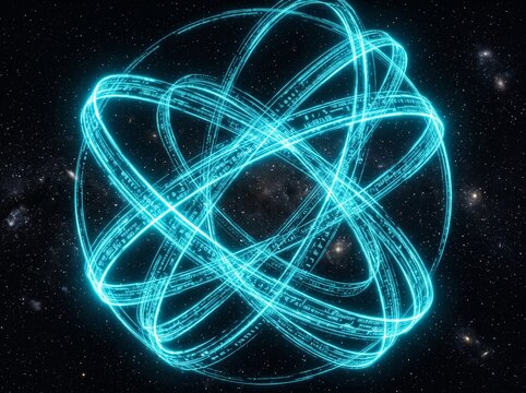 Glowing blue quantum atom structure with digital code rings in outer space
