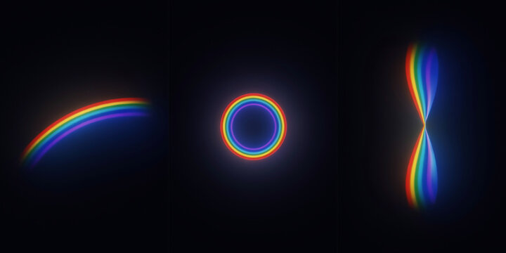 Glowing rainbow light spectrum shapes including a curved arc, a circle, and a vertical