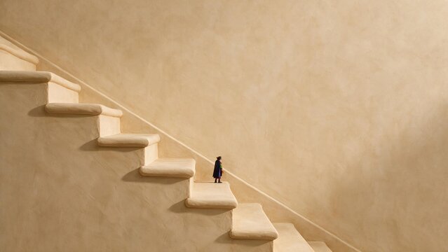 Vast sand-beige stair wall with a tiny costumed child at the bottom, a minimalist and warm composition with copy space for seasonal advertising