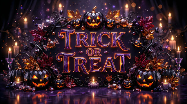 Jeweled purple trick or treat lettering with crystal pumpkins and glowing candles for luxury halloween decor.