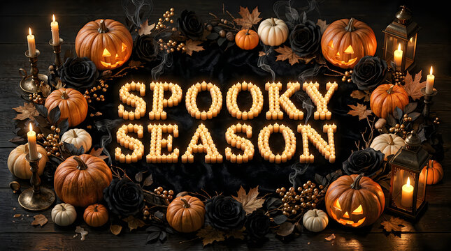 Spooky season typography formed by small candles glowing among pumpkins and black roses for halloween holiday decoration.