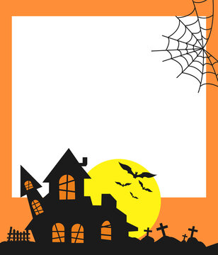 Halloween Frame with Haunted House,  Spooky Vector Illustration
