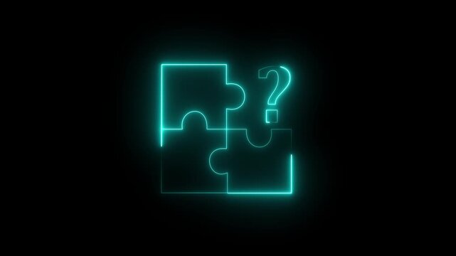 Glowing neon Problem Solving puzzle icon and question mark animation on a black background.4k motion graphics video