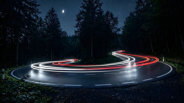 Winding mountain road at night with car light trails and starry sky