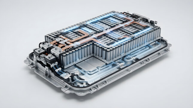 Electric vehicle battery pack featuring modular lithium ion cells, thermal cooling network and advanced high voltage energy storage architecture