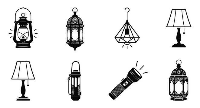 Collection of black silhouette lamps and lanterns on a white background