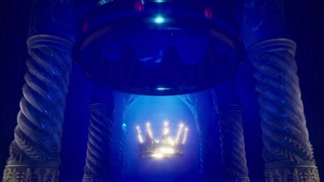 Seamless Infinite Camera Loop Passing Through Ornate Blue Pillars Shrine with Levitating Crown
