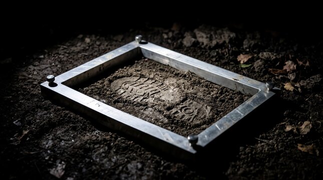 Crime scene evidence marker frame enclosing a muddy boot print on the ground at night