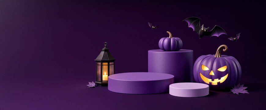 Halloween product display podium with purple pumpkins and lantern on dark background