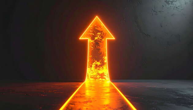 Illuminated orange arrow pointing upwards, crafted with neon light, is positioned over a textured, dark gray background with orange floor reflection