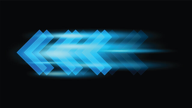 futuristic blue arrow sign with glowing light on dark background
