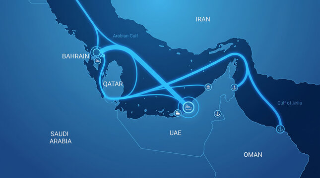 Modern digital map illustrating complex network connections and data pathways across the Middle East, featuring Gulf countries.