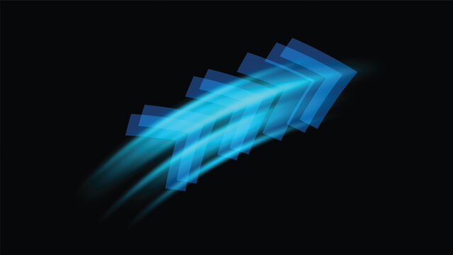 futuristic blue arrow sign with glowing light and blurred speedy effect on dark background  