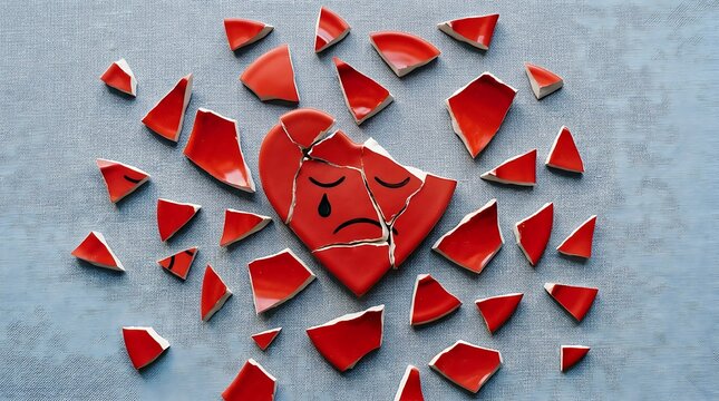 Broken heart made of shattered red ceramic pieces symbolizing heartbreak and emotional distress