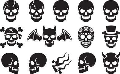 Obraz premium Black vector skull icons set for Halloween design and spooky creative projects