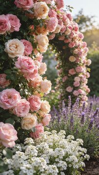 Romantic rose arch laden with soft pink and peach roses above white candytuft and purple lavender in golden light.