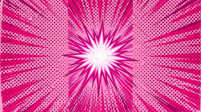 Bright pink comic book background with a starburst explosion and dynamic speed lines in pop art style