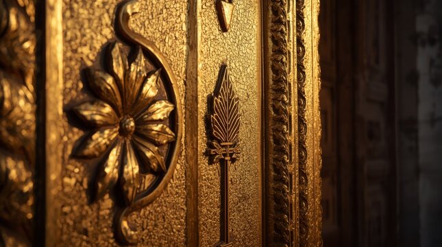 Intricate gold leaf carved sacred temple door with symbolic emblems intricate close ornate golden