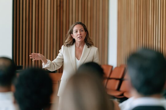 Woman in a beige suit presenting to an audience, featuring a textured timber wall and soft light for business seminar and corporate training