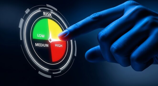 Hand interacting with a risk assessment gauge displaying low medium and high levels of danger
