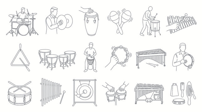 Music Industry Percussion Instruments Black and White Line Art Icon Set - Drums, Maracas, Xylophones Outline Vectors
