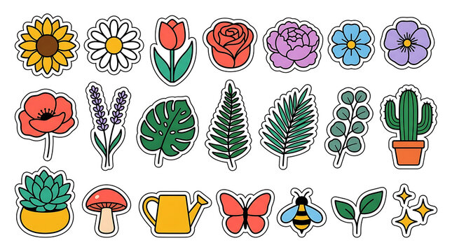 A collection of colorful floral and botanical vector illustrations showcases various plant life sticker flower