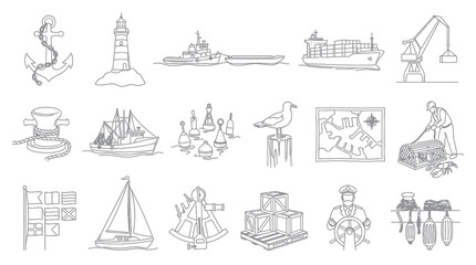 Fototapeta premium Nautical and Marine Shipping Industry Black White Line Art Icons Set - Outline Sketch Collection