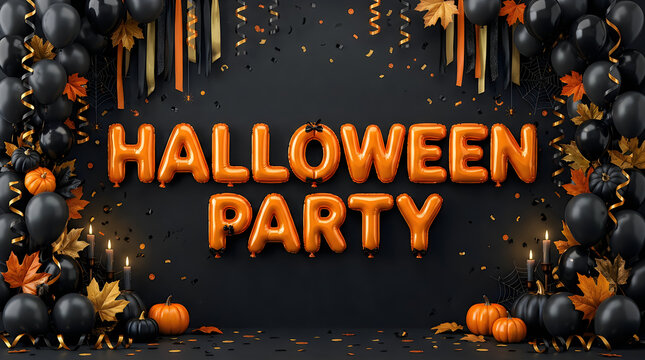 Halloween party balloons background with orange letters and black balloons for seasonal festive event invitations.