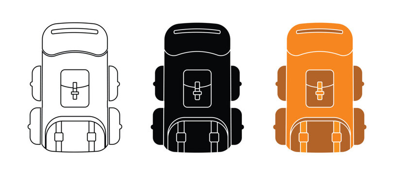 Hiking trekking backpack vector icon set with outline, black silhouette, and orange colour styles for travel, tourism, and camping gear
