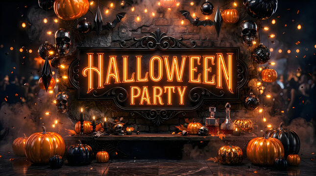 Halloween party sign with neon orange glowing text and spooky elements on brick wall.