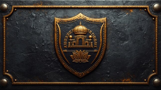Embossed gold architectural crest with lotus flower and dome symbol on dark textured metal shield