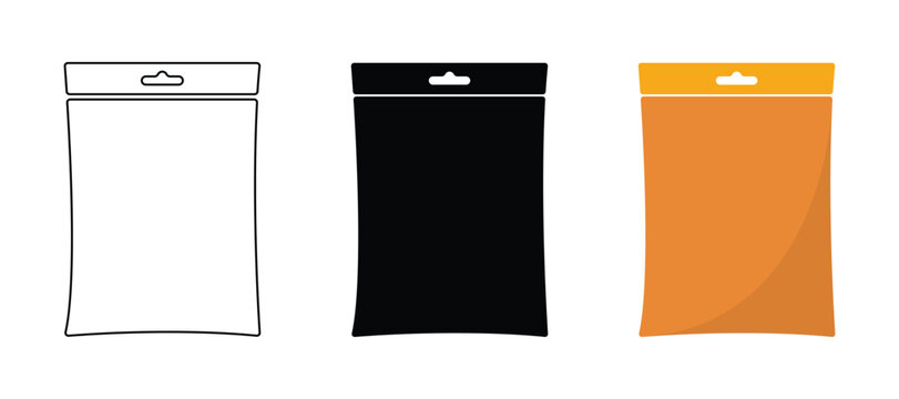 Snack chips packet vector icon set with outline, black silhouette, and orange packaging styles for food, grocery, and market designs