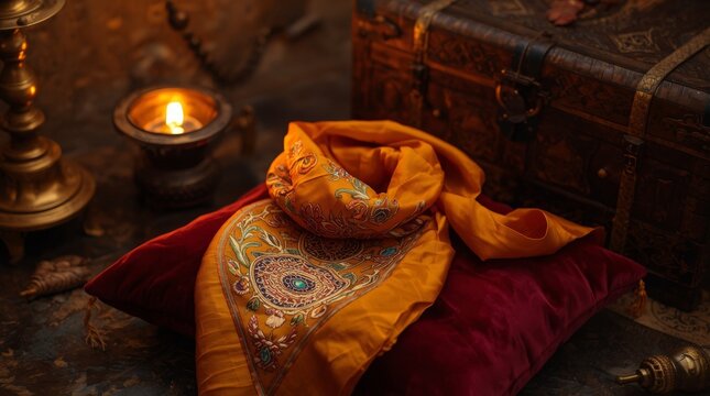 Elegant golden silk scarf with intricate patterns drape over velvet pillow near warm candle