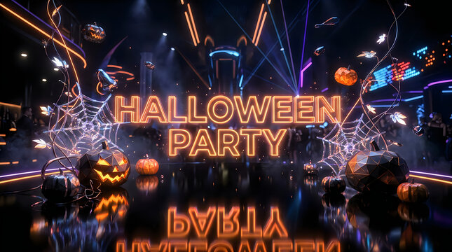 Modern neon halloween party sign with geometric pumpkins and vibrant laser lights in nightclub.
