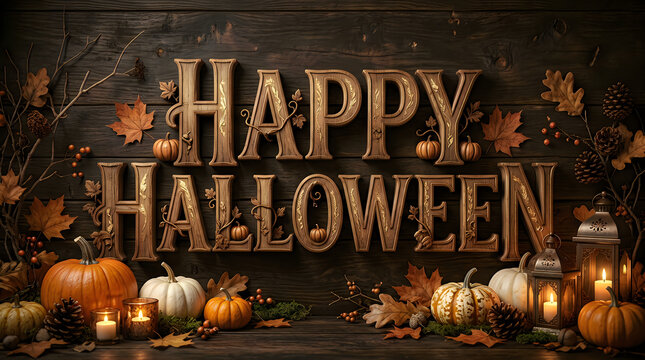 Happy Halloween message with wooden carved letters and autumn harvest decorations.