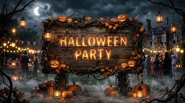 Outdoor halloween party festival with glowing wooden sign and jack o lanterns in misty garden.