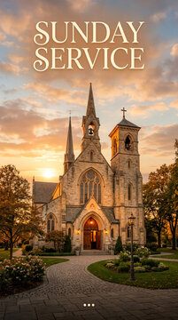 Beautiful Stone Church Exterior at Golden Hour Sunset