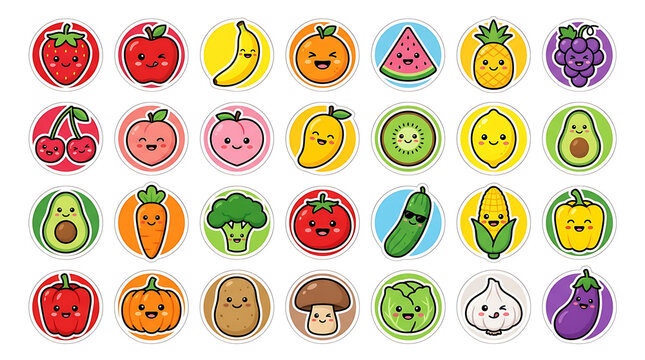 Collection of colorful fruit and vegetable icons with cartoon faces on a white background kawaii