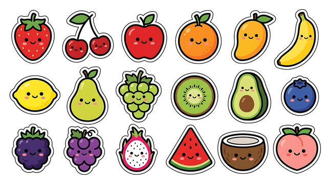 A collection of colorful fruit illustrations with smiling faces on a white background apple apricot