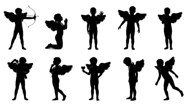 Collection of ten black vector silhouettes showing various cupid cherub angels in different expressive fun poses