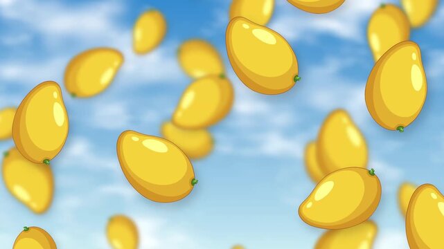 Animated Ripe Yellow Mangoes Falling Against a Blue Sky Background