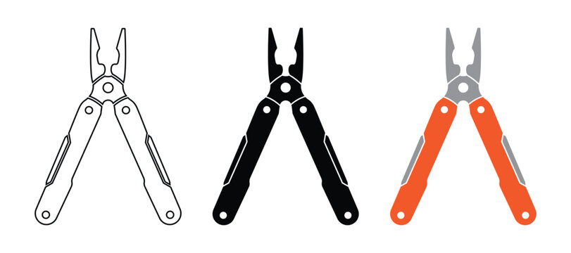 Multi tool pliers vector icon set with outline, black silhouette, and orange colour designs for hardware, repair, and DIY projects