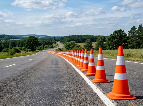 A very long line of vibrant orange and white traffic cones marks a newly paved asphalt roadway during ongoing daytime road construction and improvement