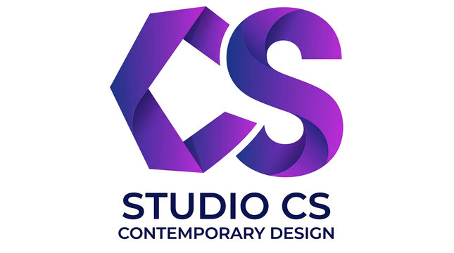 A modern logo for Studio CS, featuring stylized purple gradient ribbon letters 'CS' with 'Contemporary Design' tagline.